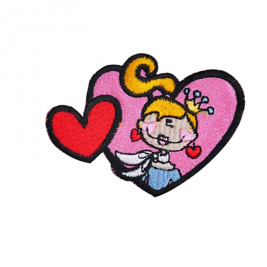 Picture of Fabric Iron On Patches Appliques (With Glue Back) Craft Multicolor Heart Girl 7cm x 5cm, 5 PCs