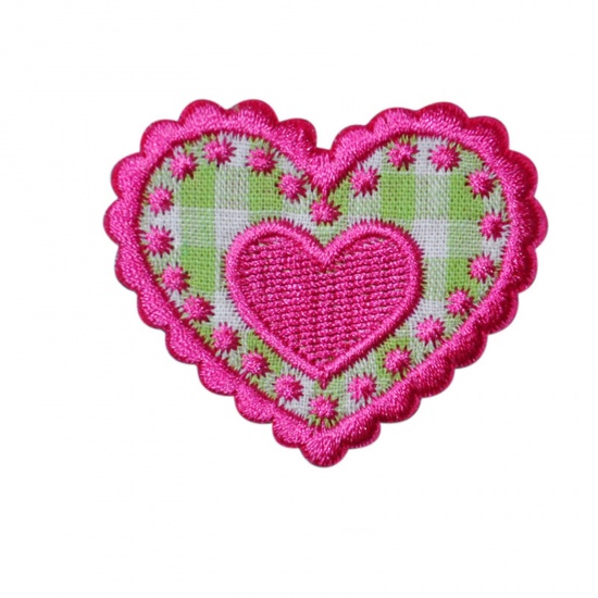Picture of Fabric Iron On Patches Appliques (With Glue Back) Craft Fuchsia & Green Heart Grid Checker 4.7cm x 4cm, 5 PCs