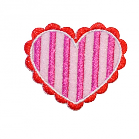 Picture of Fabric Iron On Patches Appliques (With Glue Back) Craft Red & Pink Heart Stripe 5.2cm x 4.3cm, 5 PCs