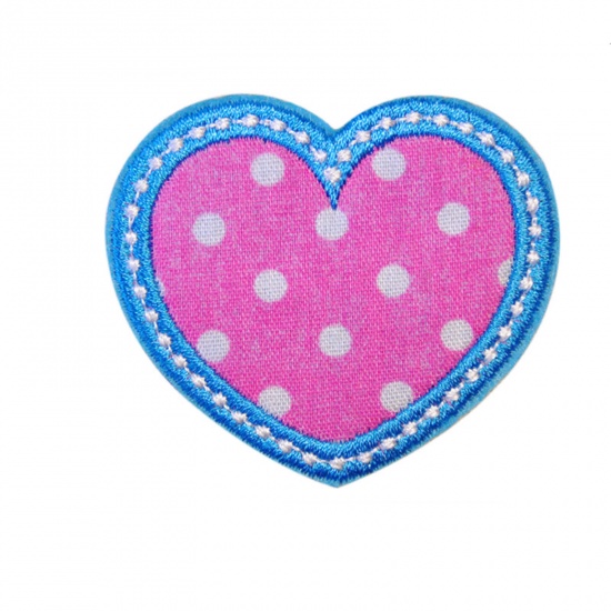 Picture of Fabric Iron On Patches Appliques (With Glue Back) Craft Blue & Pink Heart Dot 5.3cm x 4.5cm, 5 PCs