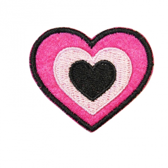 Picture of Fabric Iron On Patches Appliques (With Glue Back) Craft Black & Pink Heart 4.5cm x 3.8cm, 5 PCs