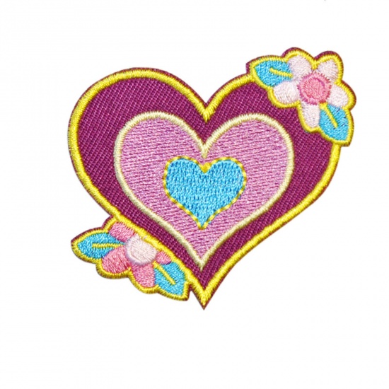 Picture of Fabric Iron On Patches Appliques (With Glue Back) Craft Multicolor Heart Flower 6cm x 5.5cm, 5 PCs