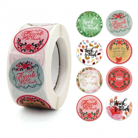 Immagine di Multicolor - Paper DIY Scrapbook Deco Stickers Round Flower Pattern Message " Thank You So Much " 2.5cm Dia., 1 Roll(500 PCs/Roll)