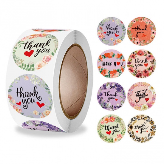 Immagine di Multicolor - Paper DIY Scrapbook Deco Stickers Round Flower Pattern Message " Thank You " 2.5cm Dia., 1 Roll(500 PCs/Roll)