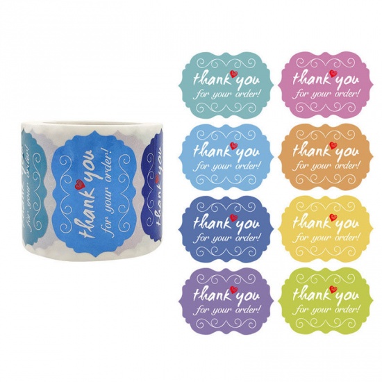 Immagine di Multicolor - Paper DIY Scrapbook Deco Stickers Flower Pattern Message " Thank You For Your Order " 50x35mm, 1 Roll(250 PCs/Roll)