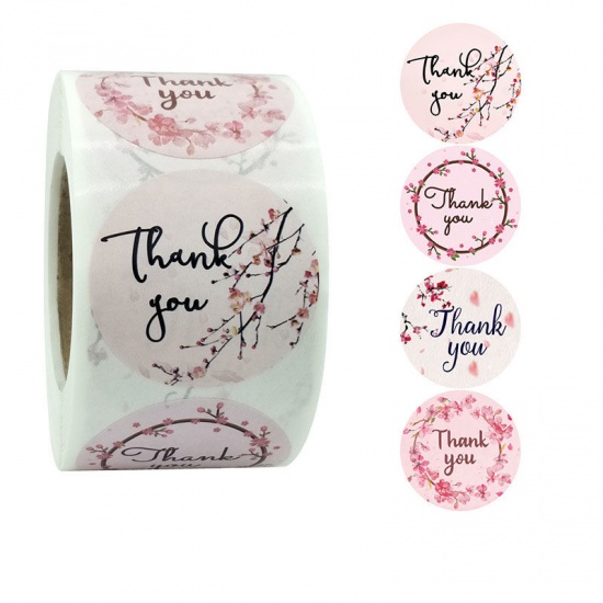Immagine di Light Pink - Paper DIY Scrapbook Deco Stickers Round Flower Pattern Message " Thank You " 3.8cm Dia., 1 Roll(500 PCs/Roll)