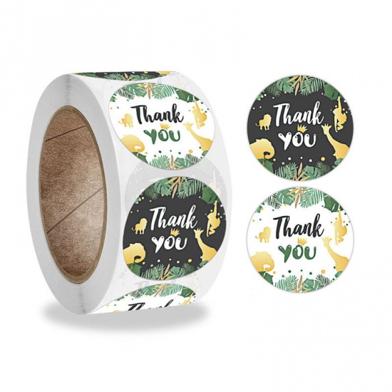 緑-紙DIYスクラップブックデコステッカーラウンドアニマルパターンメッセージ「ありがとう」直径2.5cm、1巻（500枚/巻） の画像
