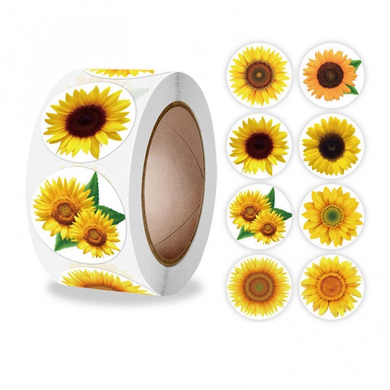 Immagine di Yellow - Paper DIY Scrapbook Deco Stickers Round Sunflower Pattern 2.5cm Dia., 1 Roll(500 PCs/Roll)