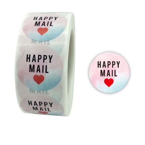 Immagine di Light Pink & Light Blue - Paper DIY Scrapbook Deco Stickers Round Message " Happy Mail " 2.5cm Dia., 1 Roll(500 PCs/Roll)
