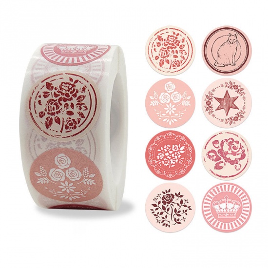 Immagine di Pink - Paper DIY Scrapbook Deco Stickers Round Flower Pattern 2.5cm Dia., 1 Roll(500 PCs/Roll)
