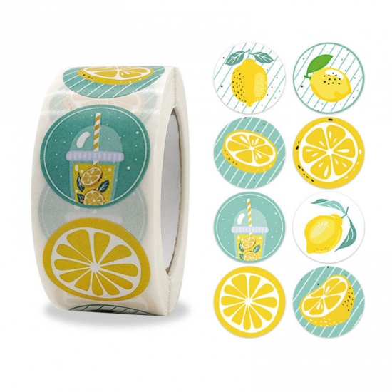 Immagine di Yellow & Green - Paper DIY Scrapbook Deco Stickers Round Lemon Pattern 2.5cm Dia., 1 Roll(500 PCs/Roll)