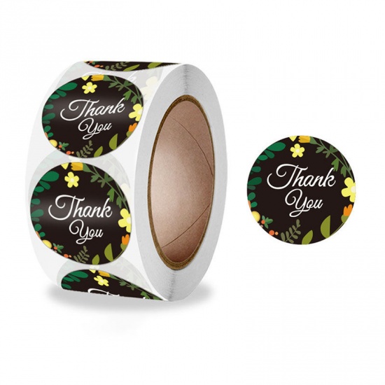 Immagine di Black - Paper DIY Scrapbook Deco Stickers Round Flower Pattern Message " Thank You " 2.5cm Dia., 1 Roll(500 PCs/Roll)