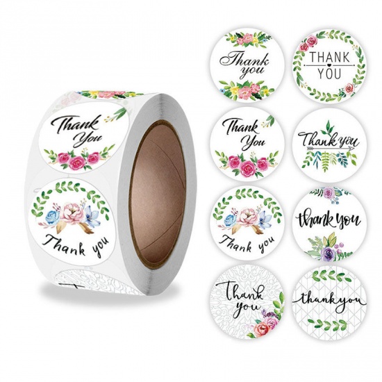 Immagine di White - Paper DIY Scrapbook Deco Stickers Round Flower Pattern Message " Thank You " 2.5cm Dia., 1 Roll(500 PCs/Roll)