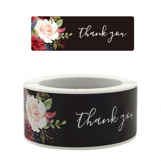 Immagine di Black - Paper DIY Scrapbook Deco Stickers Rectangle Flower Pattern Message " Thank You " 7.6x2.5cm, 1 Roll(120 PCs/Roll)