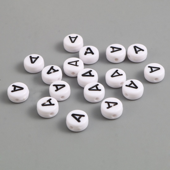 Picture of Acrylic Beads Flat Round Black & White Initial Alphabet/ Capital Letter Pattern Message " A " About 7mm Dia., Hole: Approx 1.4mm, 500 PCs