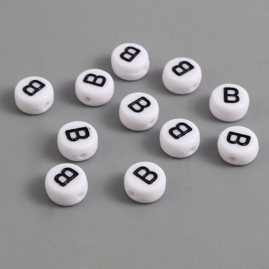 Picture of Acrylic Beads Flat Round Black & White Initial Alphabet/ Capital Letter Pattern Message " B " About 7mm Dia., Hole: Approx 1.4mm, 500 PCs