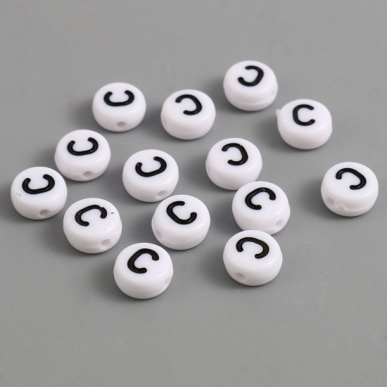 Picture of Acrylic Beads Flat Round Black & White Initial Alphabet/ Capital Letter Pattern Message " C " About 7mm Dia., Hole: Approx 1.4mm, 500 PCs