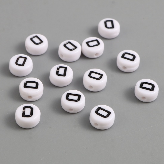 Picture of Acrylic Beads Flat Round Black & White Initial Alphabet/ Capital Letter Pattern Message " D " About 7mm Dia., Hole: Approx 1.4mm, 500 PCs