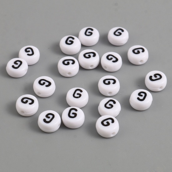 Picture of Acrylic Beads Flat Round Black & White Initial Alphabet/ Capital Letter Pattern Message " G " About 7mm Dia., Hole: Approx 1.4mm, 500 PCs