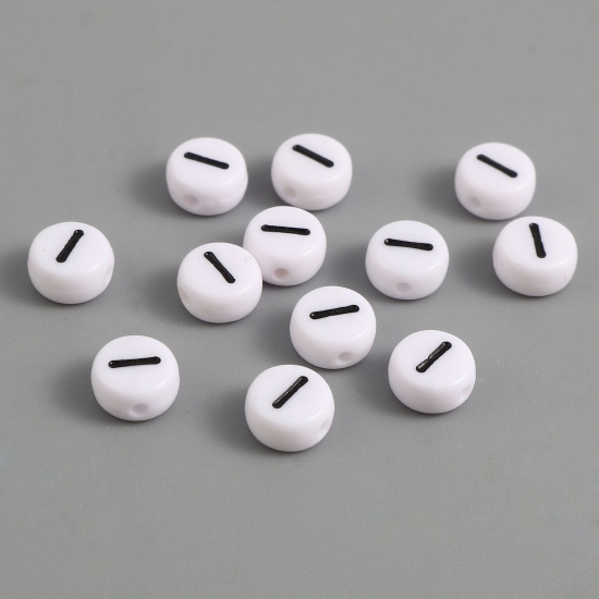 Picture of Acrylic Beads Flat Round Black & White Initial Alphabet/ Capital Letter Pattern Message " I " About 7mm Dia., Hole: Approx 1.4mm, 500 PCs