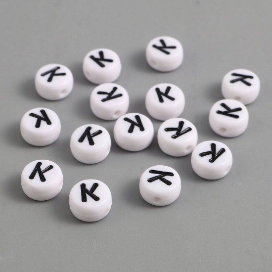 Picture of Acrylic Beads Flat Round Black & White Initial Alphabet/ Capital Letter Pattern Message " K " About 7mm Dia., Hole: Approx 1.4mm, 500 PCs