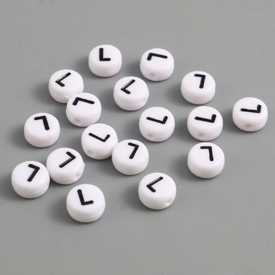 Picture of Acrylic Beads Flat Round Black & White Initial Alphabet/ Capital Letter Pattern Message " L " About 7mm Dia., Hole: Approx 1.4mm, 500 PCs
