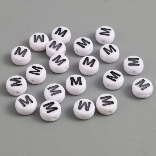 Picture of Acrylic Beads Flat Round Black & White Initial Alphabet/ Capital Letter Pattern Message " M " About 7mm Dia., Hole: Approx 1.4mm, 500 PCs