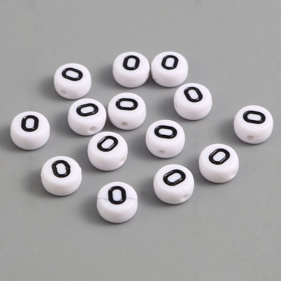 Picture of Acrylic Beads Flat Round Black & White Initial Alphabet/ Capital Letter Pattern Message " O " About 7mm Dia., Hole: Approx 1.4mm, 500 PCs