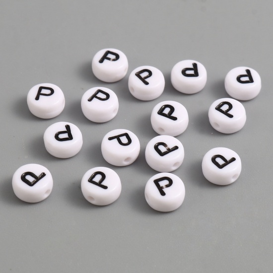 Picture of Acrylic Beads Flat Round Black & White Initial Alphabet/ Capital Letter Pattern Message " P " About 7mm Dia., Hole: Approx 1.4mm, 500 PCs