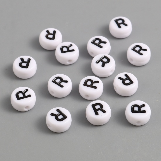 Picture of Acrylic Beads Flat Round Black & White Initial Alphabet/ Capital Letter Pattern Message " R " About 7mm Dia., Hole: Approx 1.4mm, 500 PCs