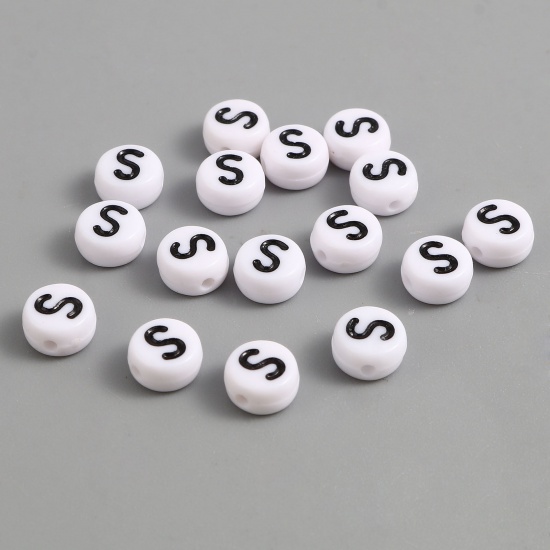 Picture of Acrylic Beads Flat Round Black & White Initial Alphabet/ Capital Letter Pattern Message " S " About 7mm Dia., Hole: Approx 1.4mm, 500 PCs