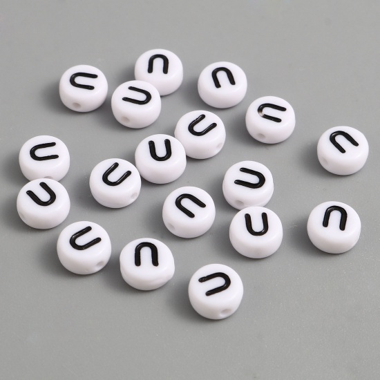 Picture of Acrylic Beads Flat Round Black & White Initial Alphabet/ Capital Letter Pattern Message " U " About 7mm Dia., Hole: Approx 1.4mm, 500 PCs