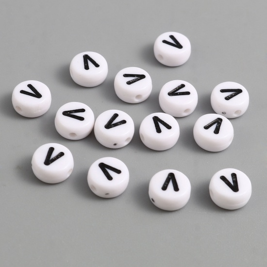 Picture of Acrylic Beads Flat Round Black & White Initial Alphabet/ Capital Letter Pattern Message " V " About 7mm Dia., Hole: Approx 1.4mm, 500 PCs