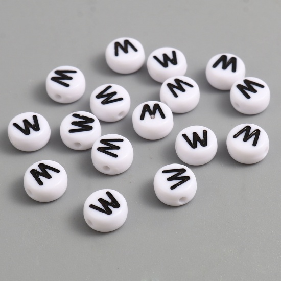 Picture of Acrylic Beads Flat Round Black & White Initial Alphabet/ Capital Letter Pattern Message " W " About 7mm Dia., Hole: Approx 1.4mm, 500 PCs