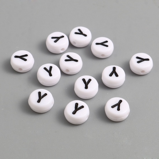 Picture of Acrylic Beads Flat Round Black & White Initial Alphabet/ Capital Letter Pattern Message " Y " About 7mm Dia., Hole: Approx 1.4mm, 500 PCs