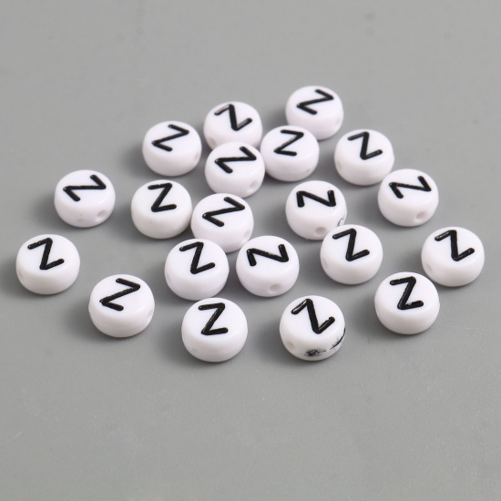 Picture of Acrylic Beads Flat Round Black & White Initial Alphabet/ Capital Letter Pattern Message " Z " About 7mm Dia., Hole: Approx 1.4mm, 500 PCs