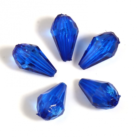 Picture of Acrylic Beads Drop Royal Blue Transparent Faceted About 13mm x 8mm, Hole: Approx 1.6mm, 500 PCs