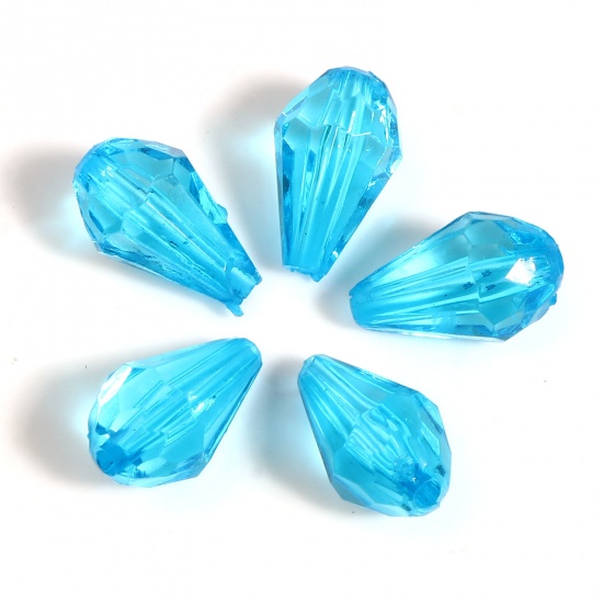Picture of Acrylic Beads Drop Lake Blue Transparent Faceted About 13mm x 8mm, Hole: Approx 1.6mm, 500 PCs
