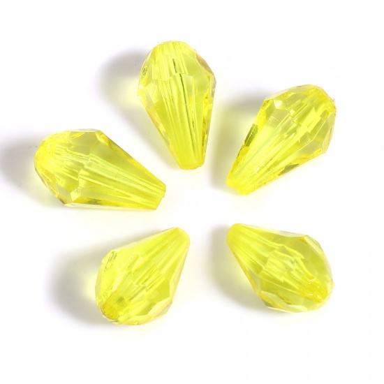 Picture of Acrylic Beads Drop Lemon Yellow Transparent Faceted About 13mm x 8mm, Hole: Approx 1.6mm, 500 PCs