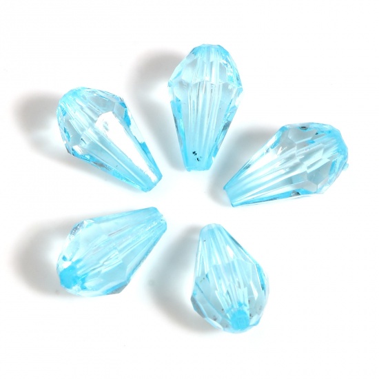 Picture of Acrylic Beads Drop Light Blue Transparent Faceted About 13mm x 8mm, Hole: Approx 1.6mm, 500 PCs