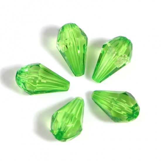 Picture of Acrylic Beads Drop Grass Green Transparent Faceted About 13mm x 8mm, Hole: Approx 1.6mm, 500 PCs