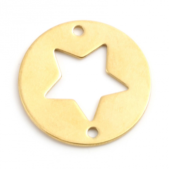 Picture of Stainless Steel Connectors Round Pentagram Star Gold Plated Blank Stamping Tags 25mm Dia., 2 PCs