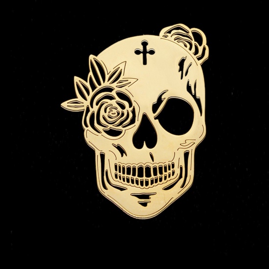 Imagen de Acero Inoxidable Halloween Colgantes Cráneo Chapado en Oro Rosa 4.2cm x 2.9cm, 1 Unidad