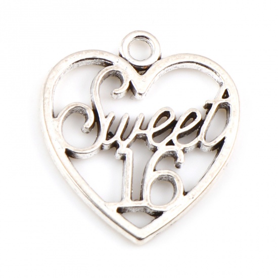 Picture of Zinc Based Alloy Charms Heart Antique Silver Color Message " Sweet 16 " Hollow 21mm x 19mm, 20 PCs