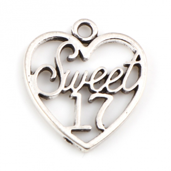 Picture of Zinc Based Alloy Charms Heart Antique Silver Color Message " Sweet 17 " Hollow 21mm x 19mm, 20 PCs