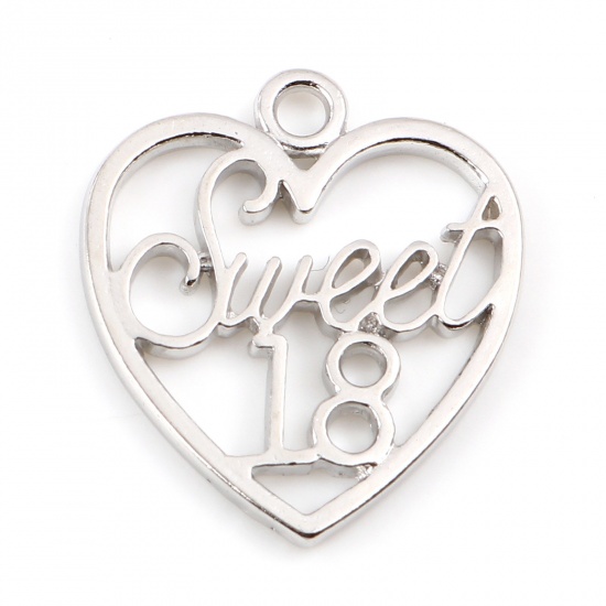 Picture of Zinc Based Alloy Charms Heart Silver Tone Message " Sweet 18 " Hollow 21mm x 19mm, 20 PCs