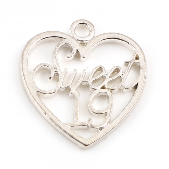 Picture of Zinc Based Alloy Charms Heart Silver Plated Message " Sweet 19 " Hollow 21mm x 19mm, 20 PCs