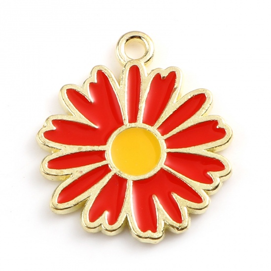 Picture of Zinc Based Alloy Charms Daisy Flower Gold Plated Red Enamel 18mm x 16mm, 20 PCs