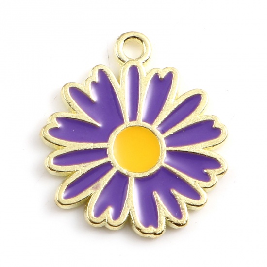 Picture of Zinc Based Alloy Charms Daisy Flower Gold Plated Purple Enamel 18mm x 16mm, 20 PCs