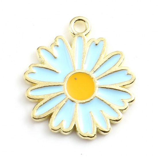Picture of Zinc Based Alloy Charms Daisy Flower Gold Plated Light Blue Enamel 18mm x 16mm, 20 PCs